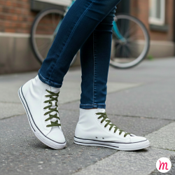 Lacets pour baskets et sneakers plats et larges longueur 150 cm largeur 7 mm couleur vert armée